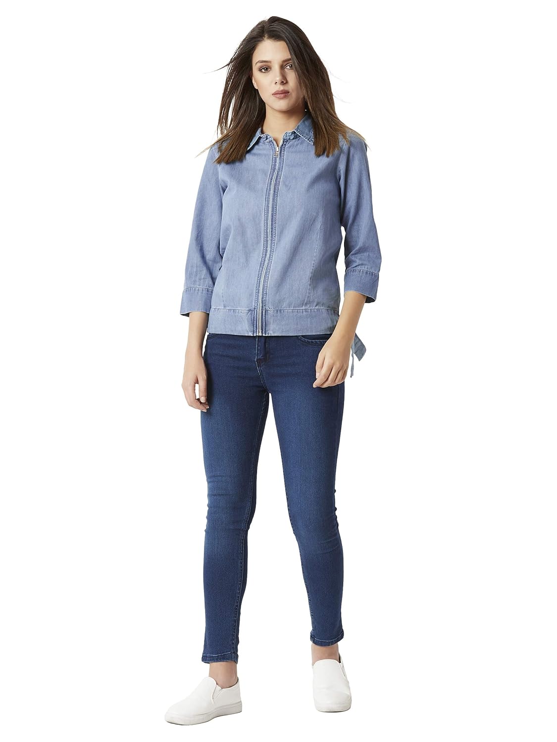 miss chase women's blue tie-up denim jacket