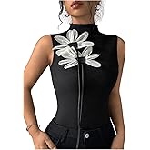 MakeMeChic Women's 3D Floral Mock Neck Fall Tank Tops Sleeveless Tops Rib Knitted Shirt