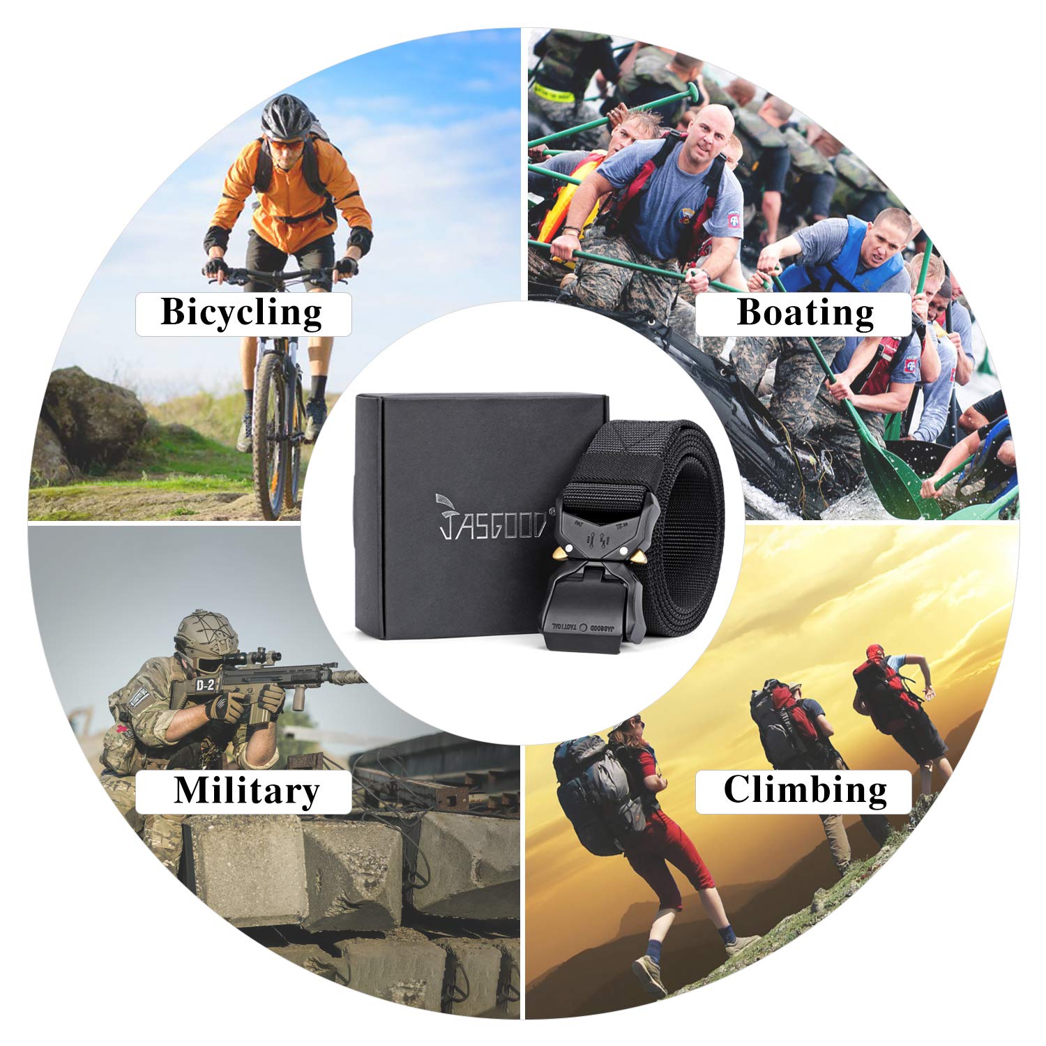 JASGOOD Men Tactical Belt, Black Military Style Webbing Rigger Web Belt Heavy Duty Work Belt with Quick Release Buckle (Black,Waist Size 31-37Inch)