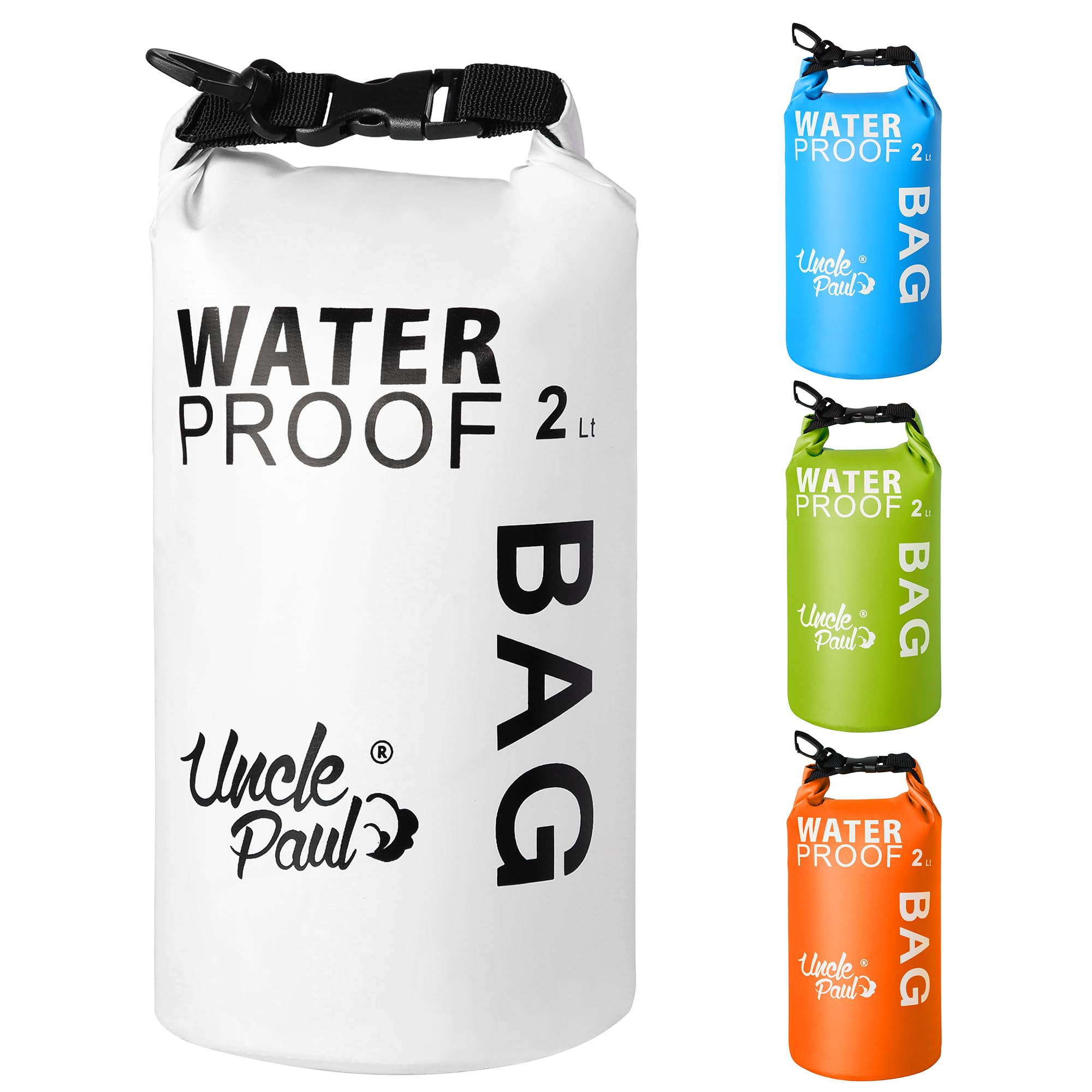 Uncle Paul Boat Dry Bags - Belongings Protection Waterproof Bag for Outdoor Drifting Boating Kayaking Fishing Rafting Swimming Camping Canoeing Surfing Pure White 2 Literes(0.4 UK gal)