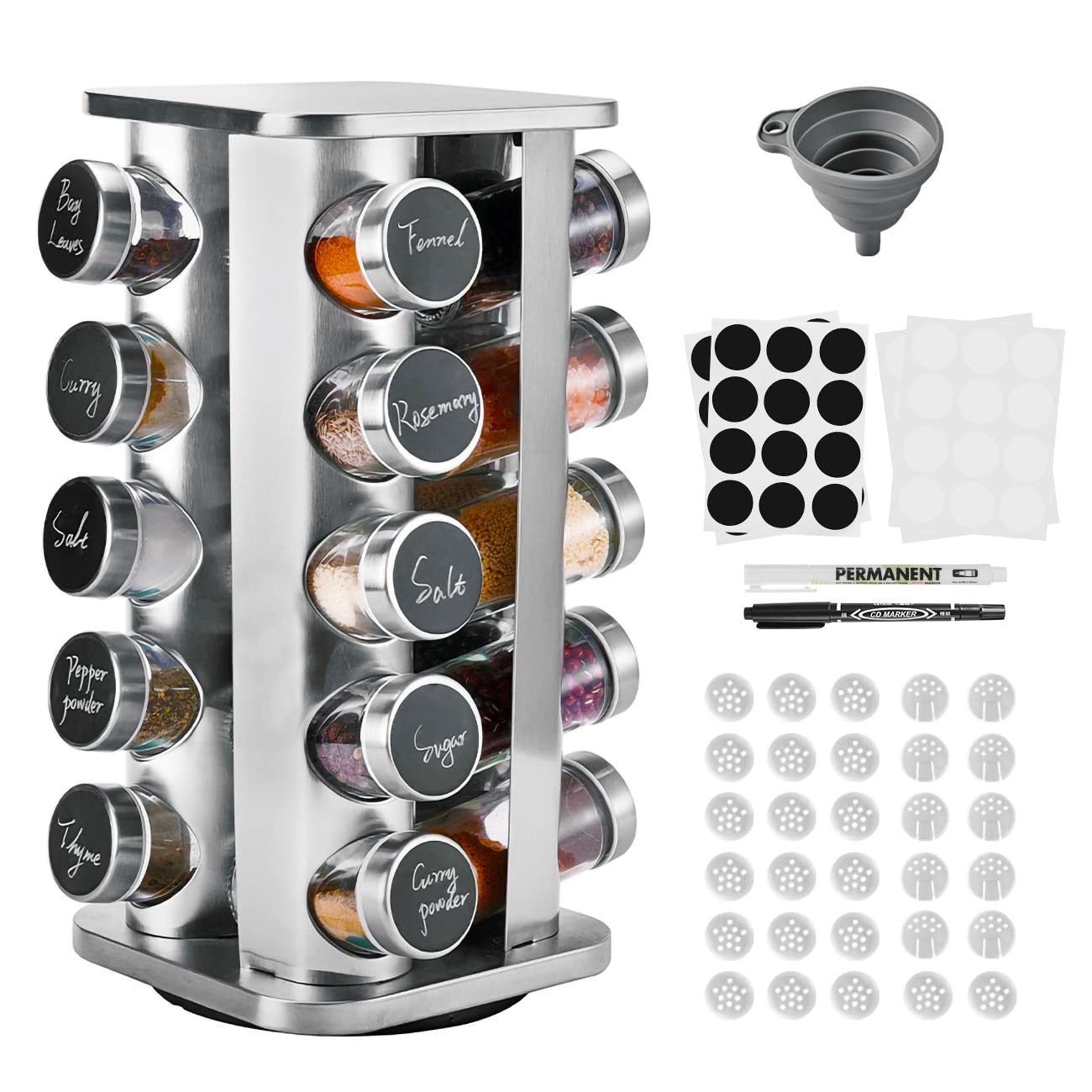 Miorkly Square Spice Rack Organiser with 20 Glass Jars, Strong Free-Standing Carousel Spice Storage Rotates 360°