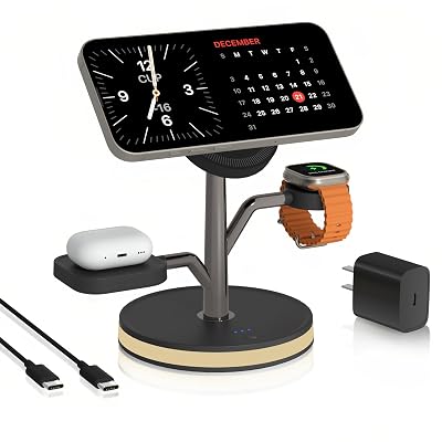 3 in 1 Charging Station for Apple Devices, Fast Charging Magsafe Charger Stand with LED Light and 20W PD Adapter, Wireless Nightstand Charger for iPhone17/16/15/14/13/12 Series,AirPods,iWatch and More