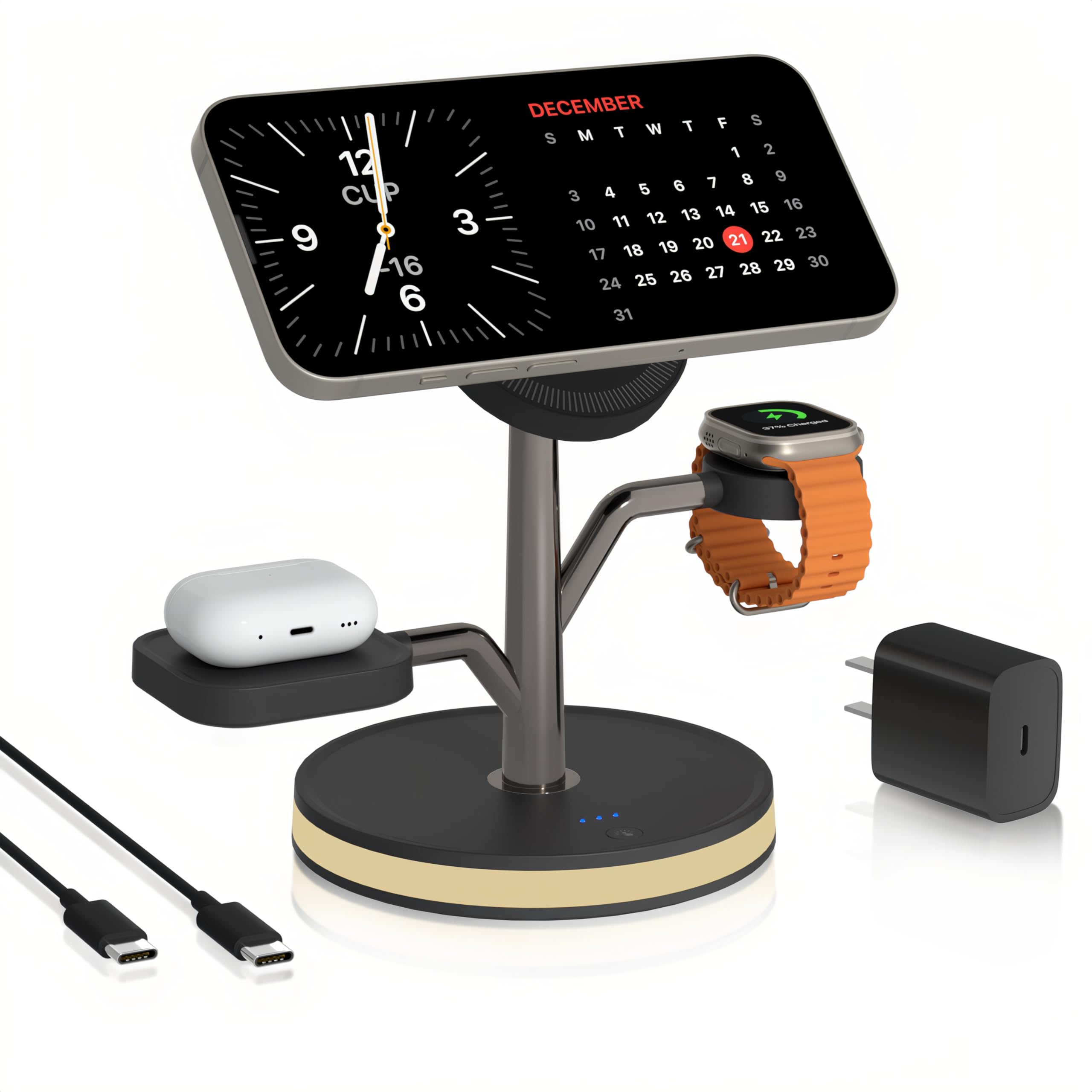 Photo 1 of 3 in 1 Charging Station for Apple Devices, Fast Charging Magsafe Charger Stand with LED Light and 20W PD Adapter, Wireless Nightstand Charger for iPhone17/16/15/14/13/12 Series,AirPods,iWatch and More