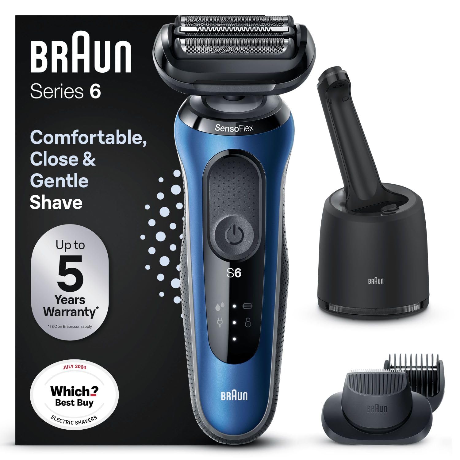 Braun Series 6 Electric Shaver for Men with Beard Trimmer, Precision Trimmer and SmartCare Centre, Wet and Dry, UK 2 Pin Plug, 60-B7500cc, Blue Razor