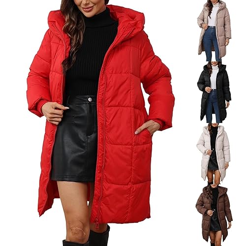 HOOUDO Ladies Quilted Jackets Puffer Jackets Women Winter Jackets for Women UK Winter Coats Womens Long Down Coat Medium Length Thickened Women's Plus Size Fashionable Casual Cotton Jacket