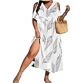 Floerns Women's Plus Size Cold Shoulder Tropical Print V Neck Flared A Line Long Dress
