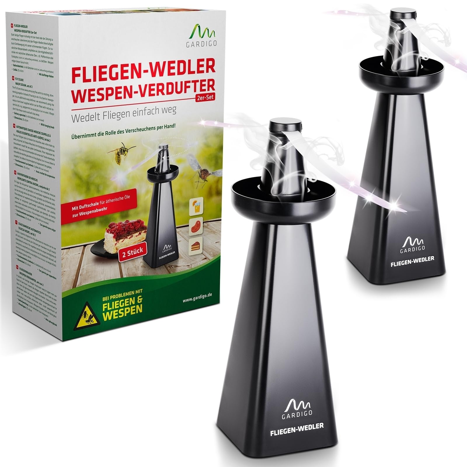 GARDIGO® Fly Repellent Fan with Wasp Repellent Bowl Set of 2 | Unique Wasp Scarer | Insect Repellent Against Flies, Wasps and Mosquitoes | Fly Deterrent | Portable Device