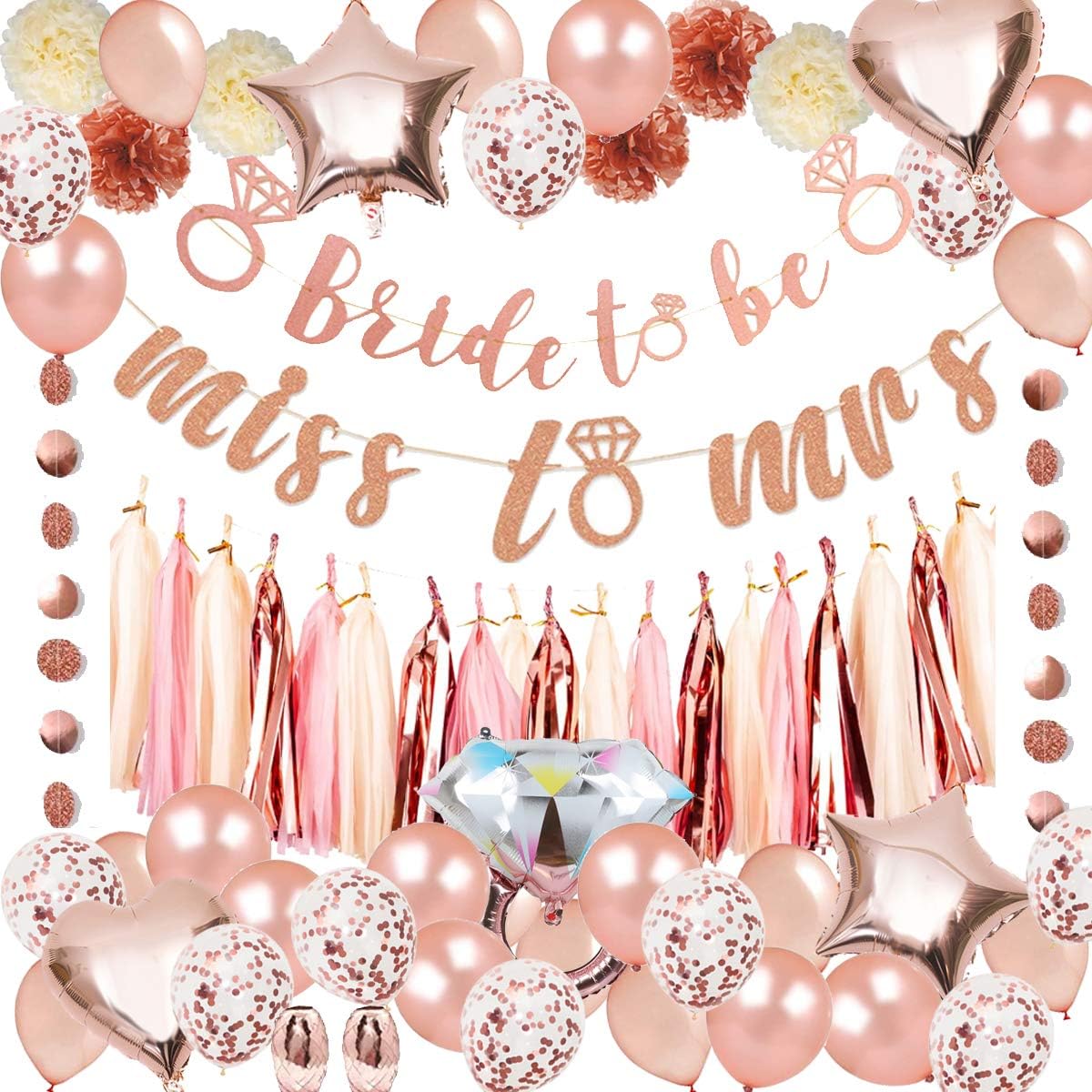 Bachelorette Party Supplies - Rose Gold Bachelorette Party Decorations Pack, Including 2 Bridal Shower Banners, a 15 Tissue Tassels Garland, 6 Pom Poms, 20 Latex Balloons, 10 Rose Gold Confetti Balloons, 5 Great Foil Balloons, Dots Garland, 2 Rose Gold Ribbons, Perfect for Bridal Shower