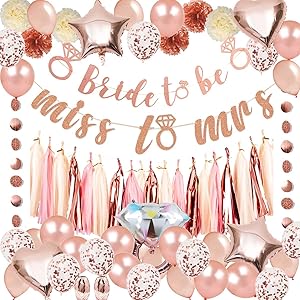Bachelorette Party Supplies - Rose Gold Bachelorette Party Decorations Pack, Including 2 Bridal Shower Banners, a 15 Tissue Tassels Garland, 6 Pom Poms, 20 Latex Balloons, 10 Rose Gold Confetti Balloons, 5 Great Foil Balloons, Dots Garland, 2 Rose Gold Ribbons, Perfect for Bridal Shower