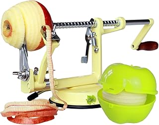Made for us - Profi Alu- Apfelschäler Apfelschneider Apfelentkerner Schälmaschine mit Apfeldose, 50er-Jahre Vanilla-Gelb