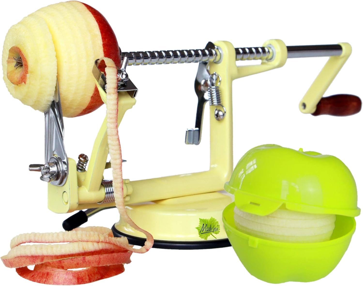 Made for us - Profi Alu- Apfelschäler Apfelschneider Apfelentkerner Schälmaschine mit Apfeldose, 50er-Jahre Vanilla-Gelb