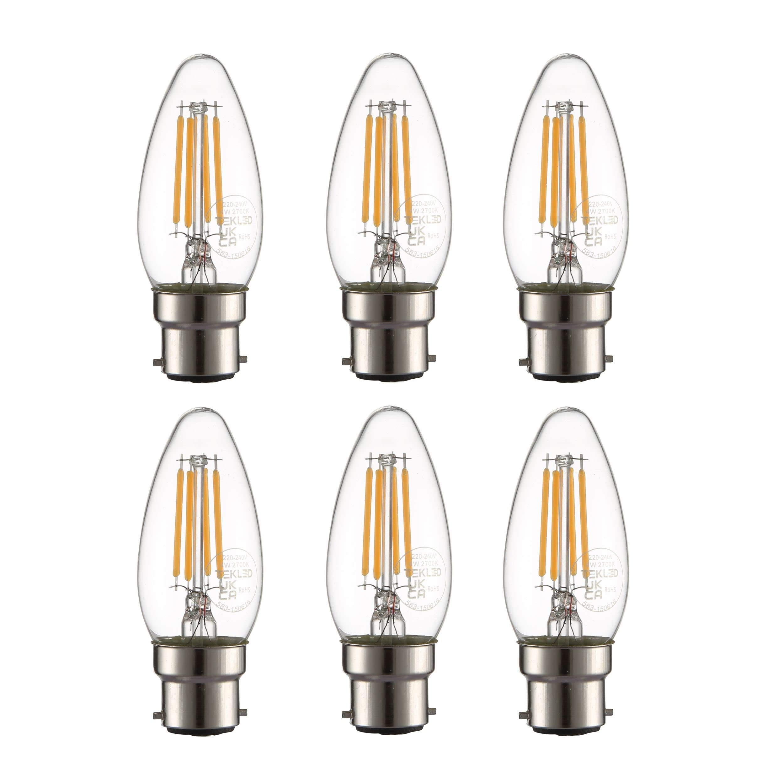 TEKLED® C35 Candle NONDIMMABLE Filament Vintage LED Bulbs | B22 Bayonet Cap | Energy Saving 4W Light Bulb 40W Equivalent | Clear 2700K 470LM | 6-Pack | Warm White (Non-Dimmable B22)