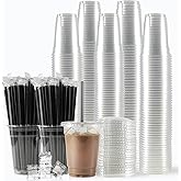 WUHUIXOZ [200 Sets - 12oz Plastic Cups with Lids and Straws, Disposable Cups for Iced Coffee, Smoothie, Milkshake, Cold Drinks - Clear
