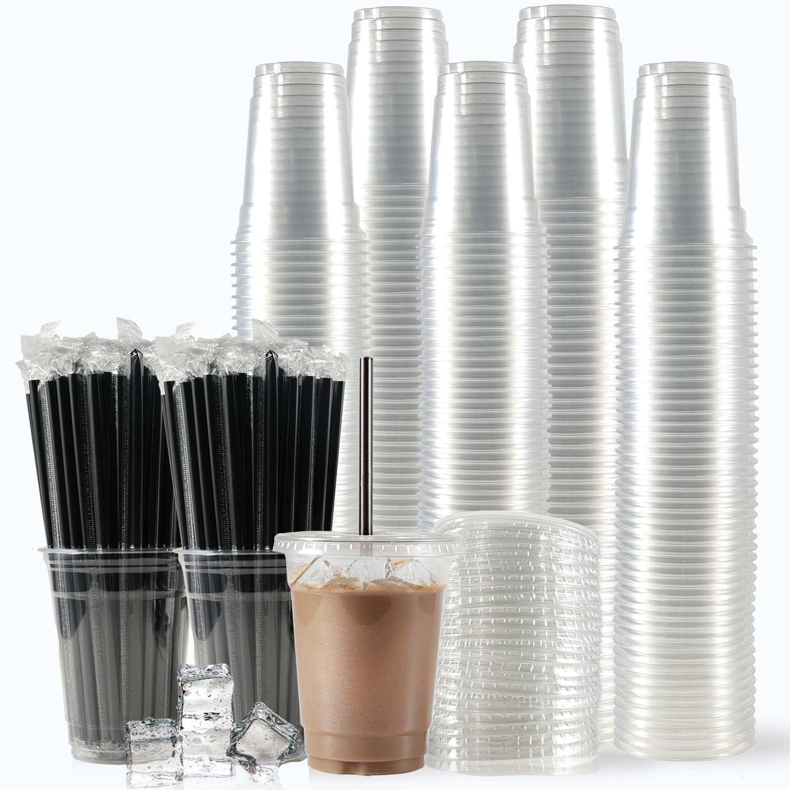 Photo 1 of WUHUIXOZ [200 Sets - 12oz Plastic Cups with Lids and Straws, Disposable Cups for Iced Coffee, Smoothie, Milkshake, Cold Drinks - Clear