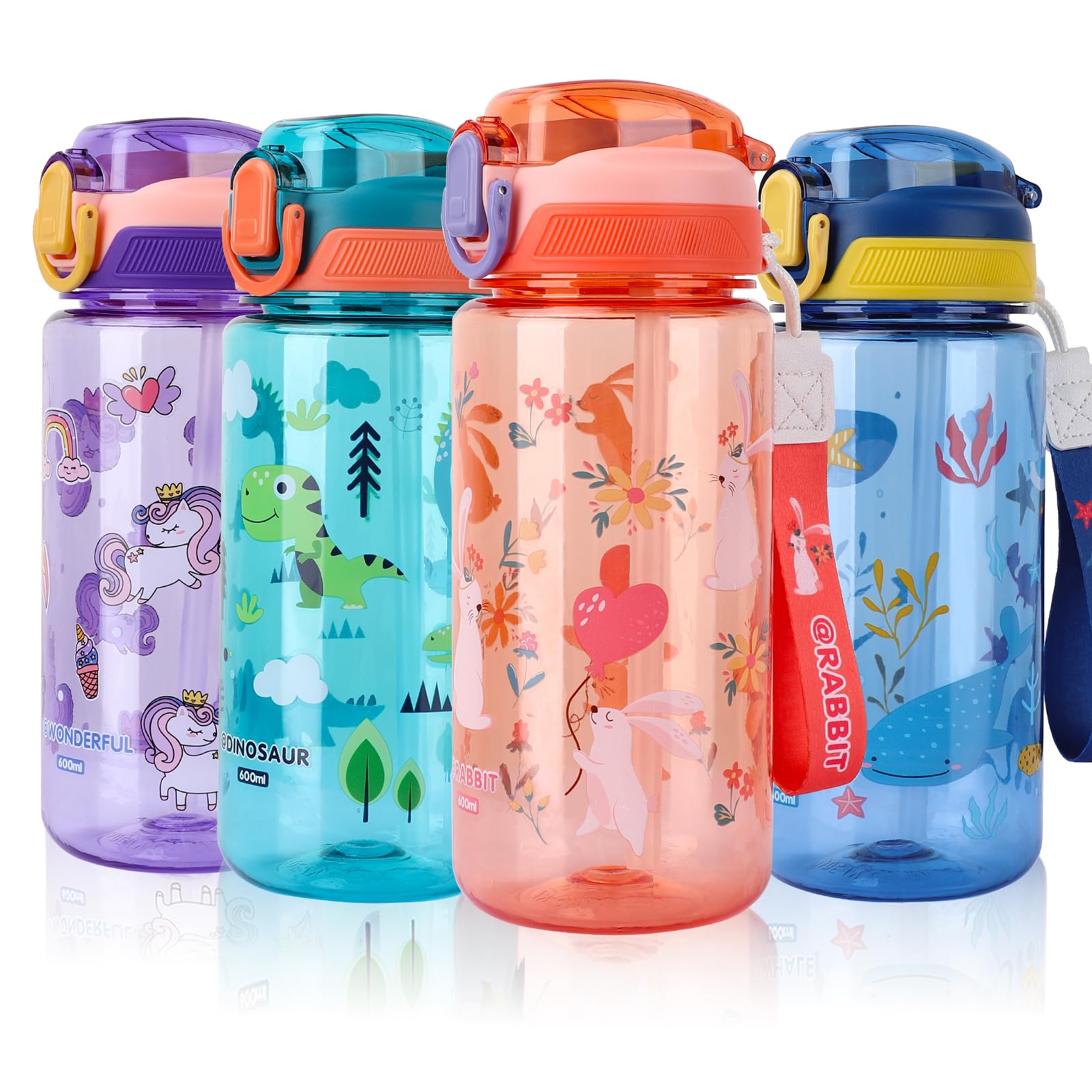 SENBSLAN Kids Water Bottles With Straw,600ml Drinks Bottle for School,Leakproof Children's Bottle BPA free Tritan Sport Bottle for Girls Boys (Pinkish Orange-Rabbit)