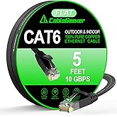 Cat 6 Ethernet Cable 5 ft Black, Flat Cat6 Internet Network Cable, High Speed 10Gbps Short Computer Cord, RJ45 LAN Patch Cord