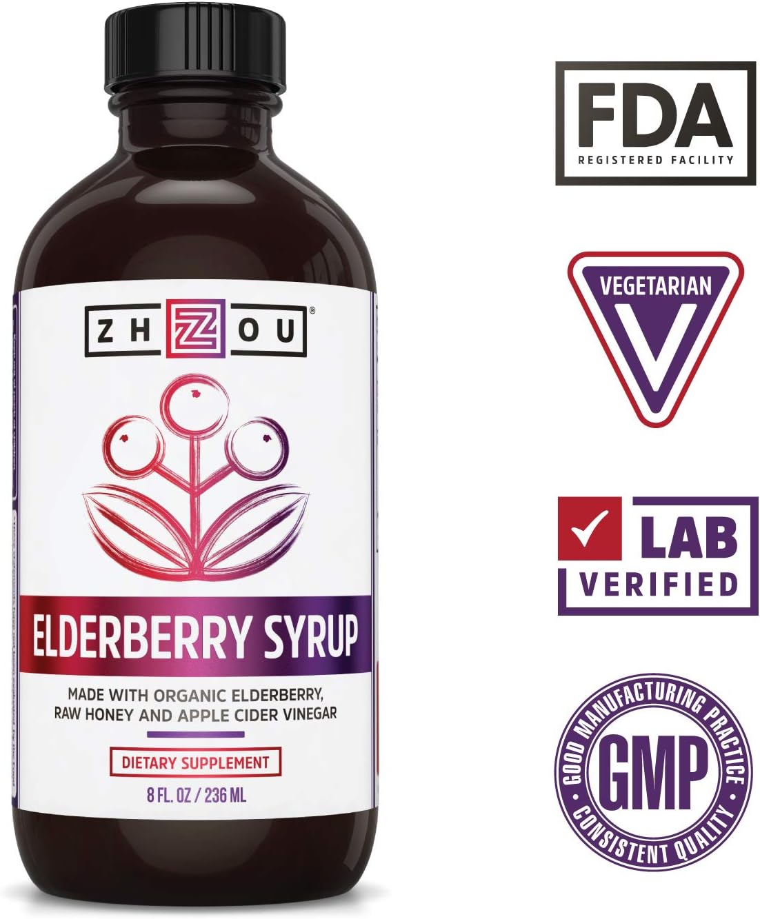 Zhou Nutrition Elderberry Syrup - Organic Sambus Black Elderberry, Raw Honey, Apple Cider Vinegar & Propolis - Immune System Booster During Cold Winter Months: Health & Personal Care