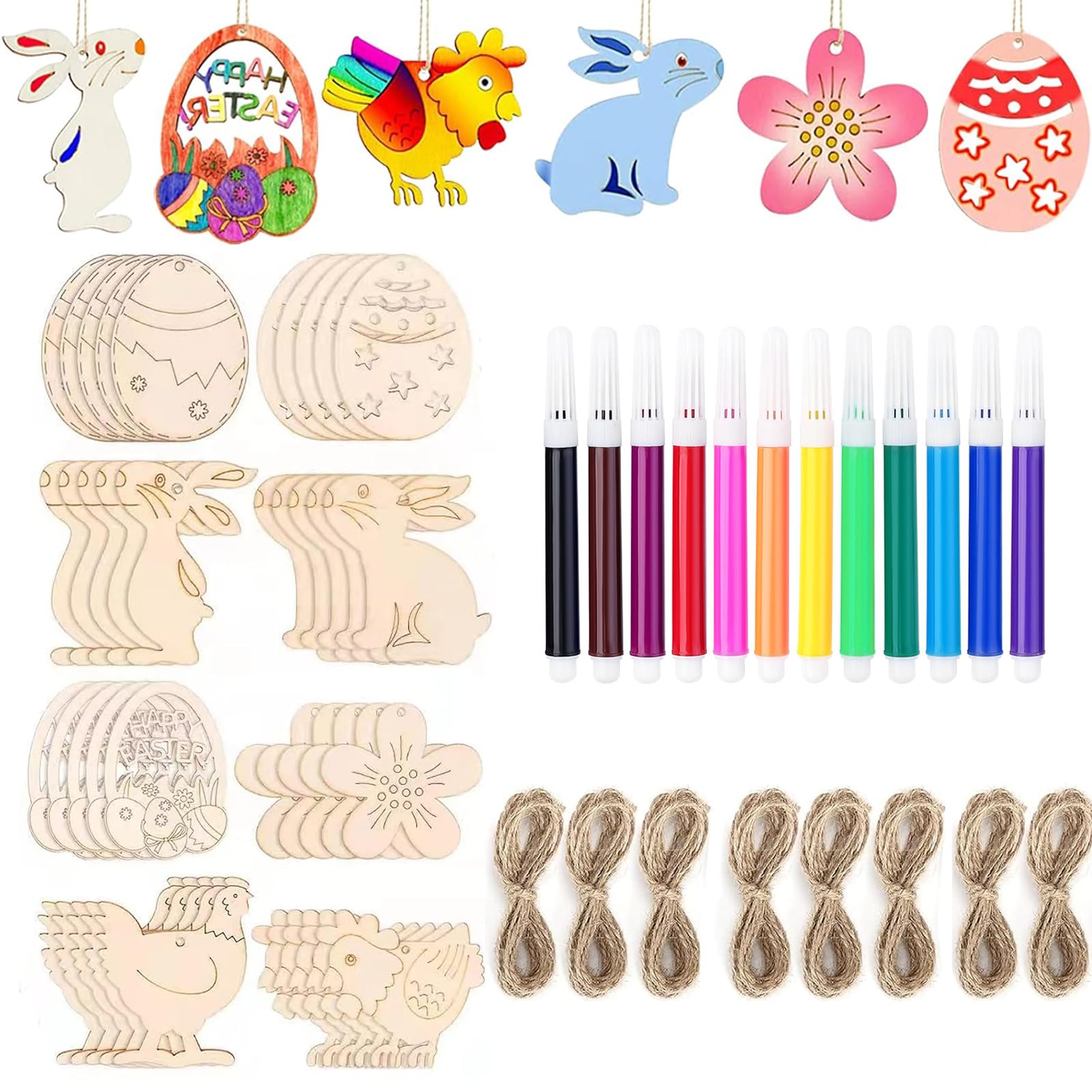 KSVFTB 40 PCS Easter Crafts Wooden Ornaments Wooden Eggs Unfinished Crafts Hanging Embellishments Crafts for Kids Easter Party Supplies DIY Decor Home Wall Door Decor (Rabbit, Egg, Chicken, Flower)