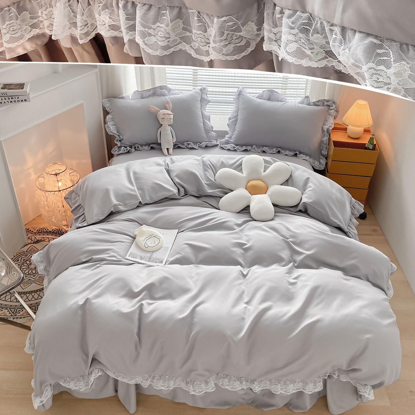 Ruffle Lace Grey Double Duvet Cover Set for Girls Women Ruffle Lace Bedding Sets Soft and Light Weigh Microfiber Duvet Cover (200 x 200 cm, 3Ps) — image 1