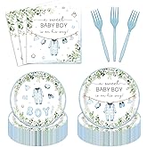 96PCS Boy Baby Shower Party Decoration A Sweet Boy Is On His Way Paper Plates Napkins Disposable Tableware Greenery Baby Shower Party Supplies for Boys Serve 24