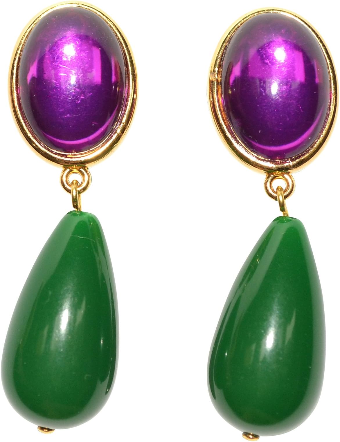 Very Pompous:Gold Plated Clip-On Earring with a Clear Purple Stone and a Tear Drop Shaped Dark Green Pendant