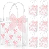 Whaline 12Pcs Valentine's Day Pink Bow Clear PVC Gift Bags with Handle Ribbon Pink Coquette Bowknot Daisy Flower Party Favor Bag Treat Tote Bag for Mother's Day Wedding Birthday Baby Shower Party