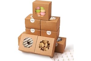 Shallive 4-Inch Small Cookie Boxes 50 Pcs Brown - Bakery Treat Boxes with Window for Gifting, To-go Containers Paper for Cake Slice, Macarons, Donuts 4x4x2.5