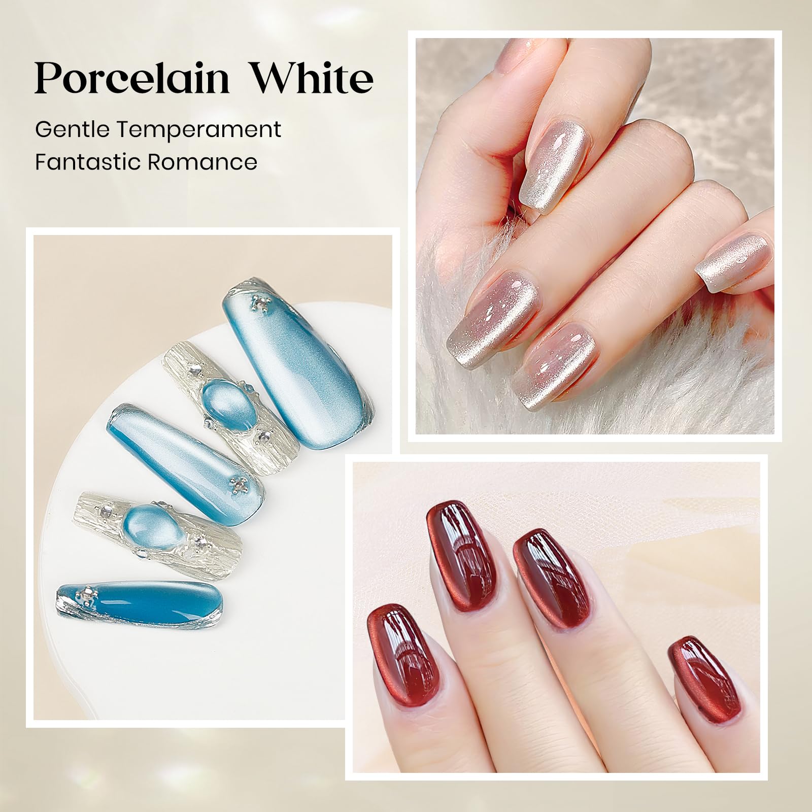 MIZHSE Cat Eye Gel Nail Polish, 8 Colors Ceramic Magnetic Gel Polish Set with Magnet Stick, Crystal Shimmery Silver Brown Green Purple Colors Nail Gel Soak Off Nail Art Salon Home Gift for Women - Image 4