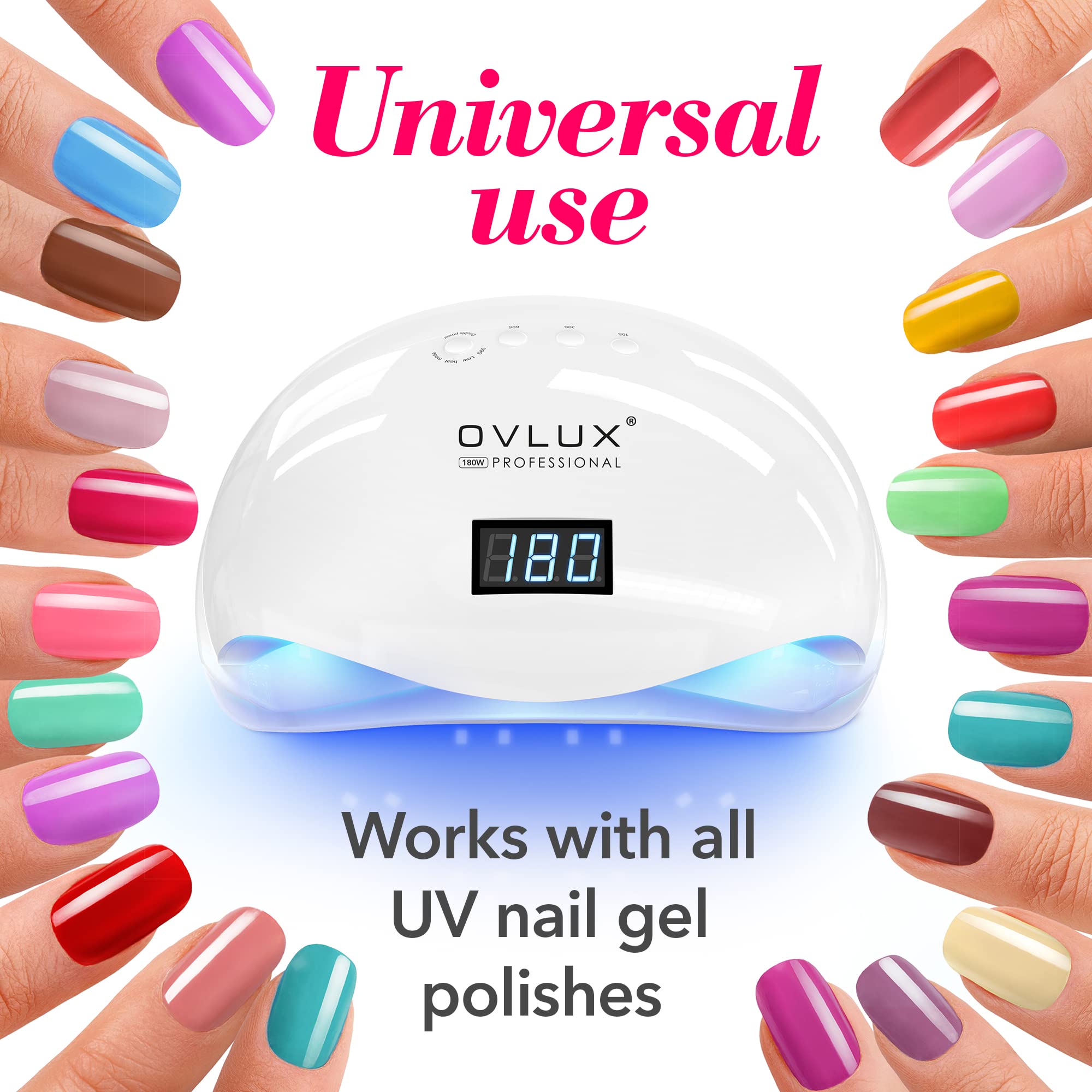 OVLUX 180W Professional UV LED Nail Lamp with Adapter – Fast Nail Dryer for Gel Polish, 57 LEDs, Auto Sensor, LCD Display & 4 Timers – Cures Fingernails & Toenails