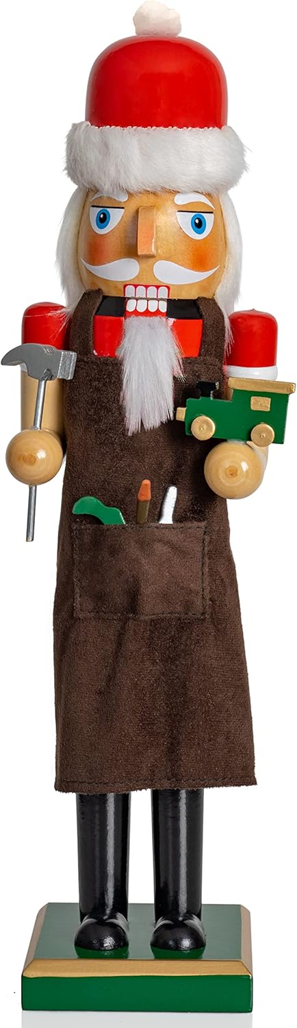 Nutcrackers - Ornativity Christmas Toy Maker Nutcracker - Red and Green Wooden Nutcracker Man with Brown Workers Apron and Toy Car and Toy Hammer in Hand Xmas Themed Holiday Nut Cracker Doll Figure Decorations