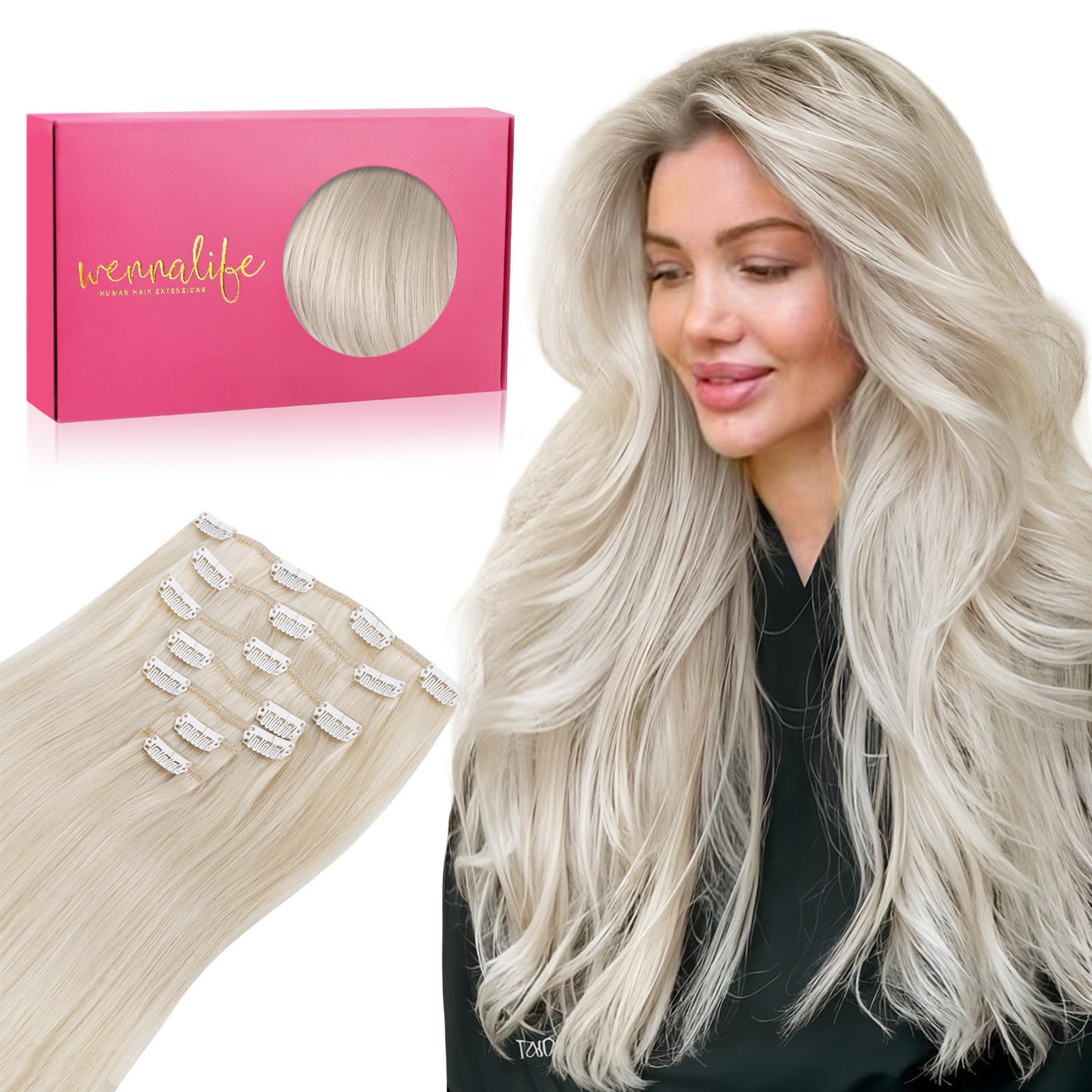 WENNALIFE Hair Extensions Clip In, 22 Inch 120g 7pcs Clip in Hair Extensions Real Human Hair Platinum Blonde Hair Extensions Clip In Real Hair Coloured Remy Human Hair Extensions — image 1