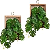 DILATATA Artificial Hanging Plants with Wooden Frame 2 Pack Faux Monstera Leaves Hanging Vine Greenery Plants for Living Room Bedroom Farmhouse Office Home Decor