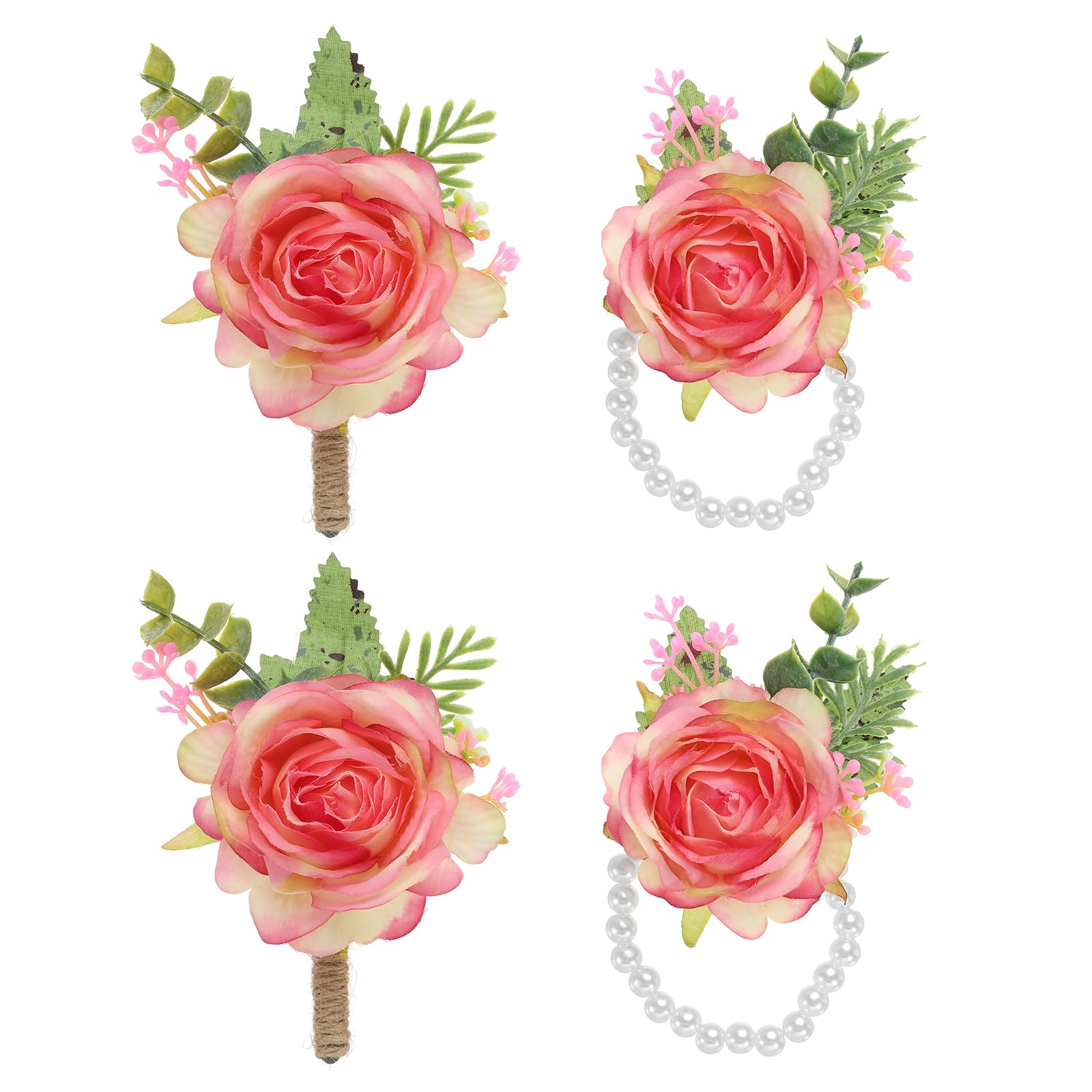 PATIKIL Rose Wrist Corsage and Boutonnieres Set, 4 Pcs Wedding Flower Wristlet Band Bracelet Hand Flowers Tether Accessories for Men Women Bachelor Party Prom Homecoming, White Pink