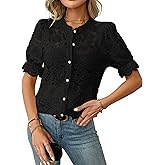 FEOYA Lace Blouses for Women Sheer Lace Short Sleeve Top Crew Neck Button Down Shirts Casual Puff Sleeve Dressy Shirt S-XL