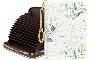 Rouidr Credit Card Holder for Women, Small Slim RFID Card Organizer Wallet with Zipper and Keychain, Eucalyptus Leaf