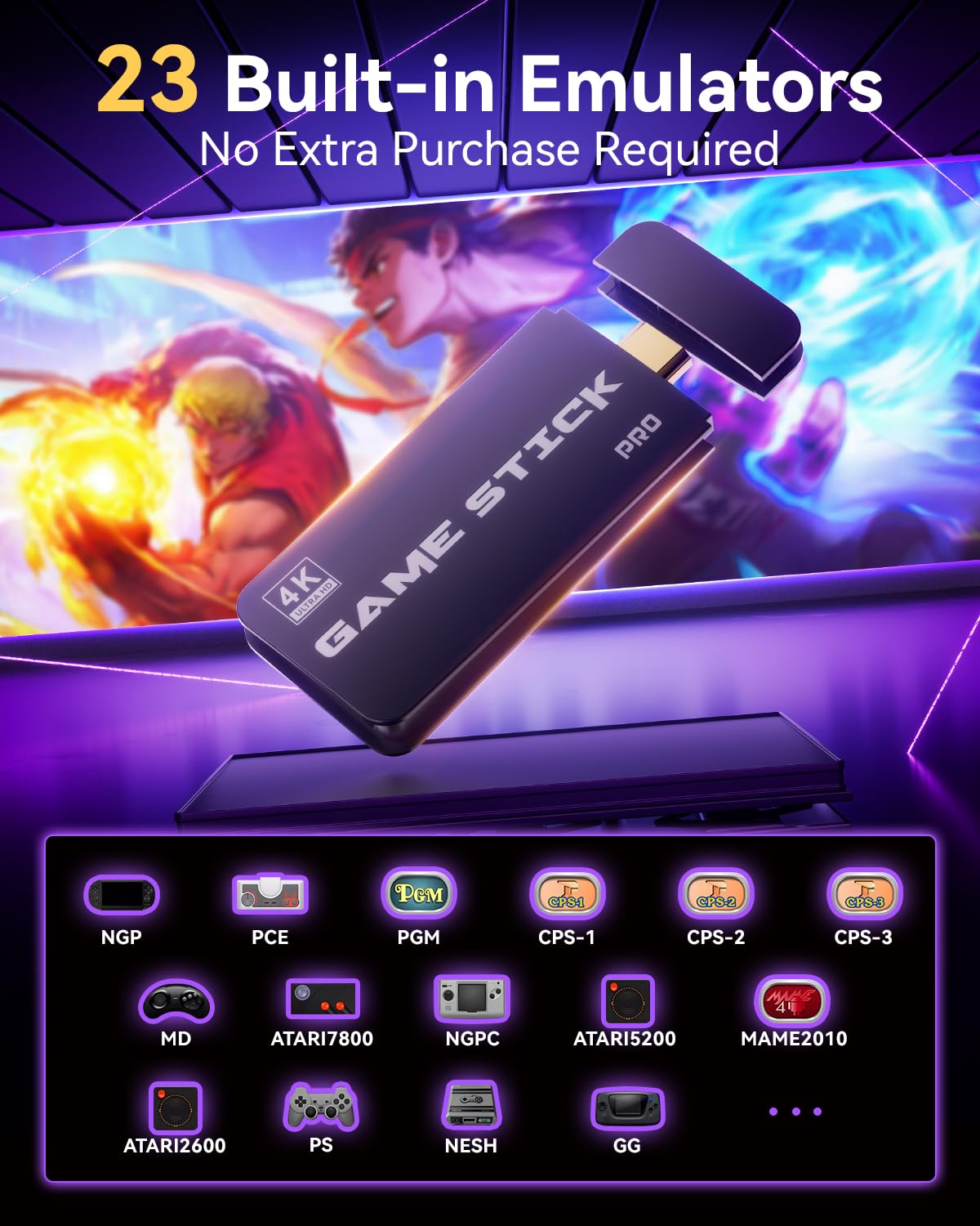 Retro Gaming Console, 20,000+ Retro Game Stick, 23 Emulators, 4K HD TV Game Stick, Built-in Classic Video Games, Plug & Play Game Console for TV with 2 Wireless Controllers