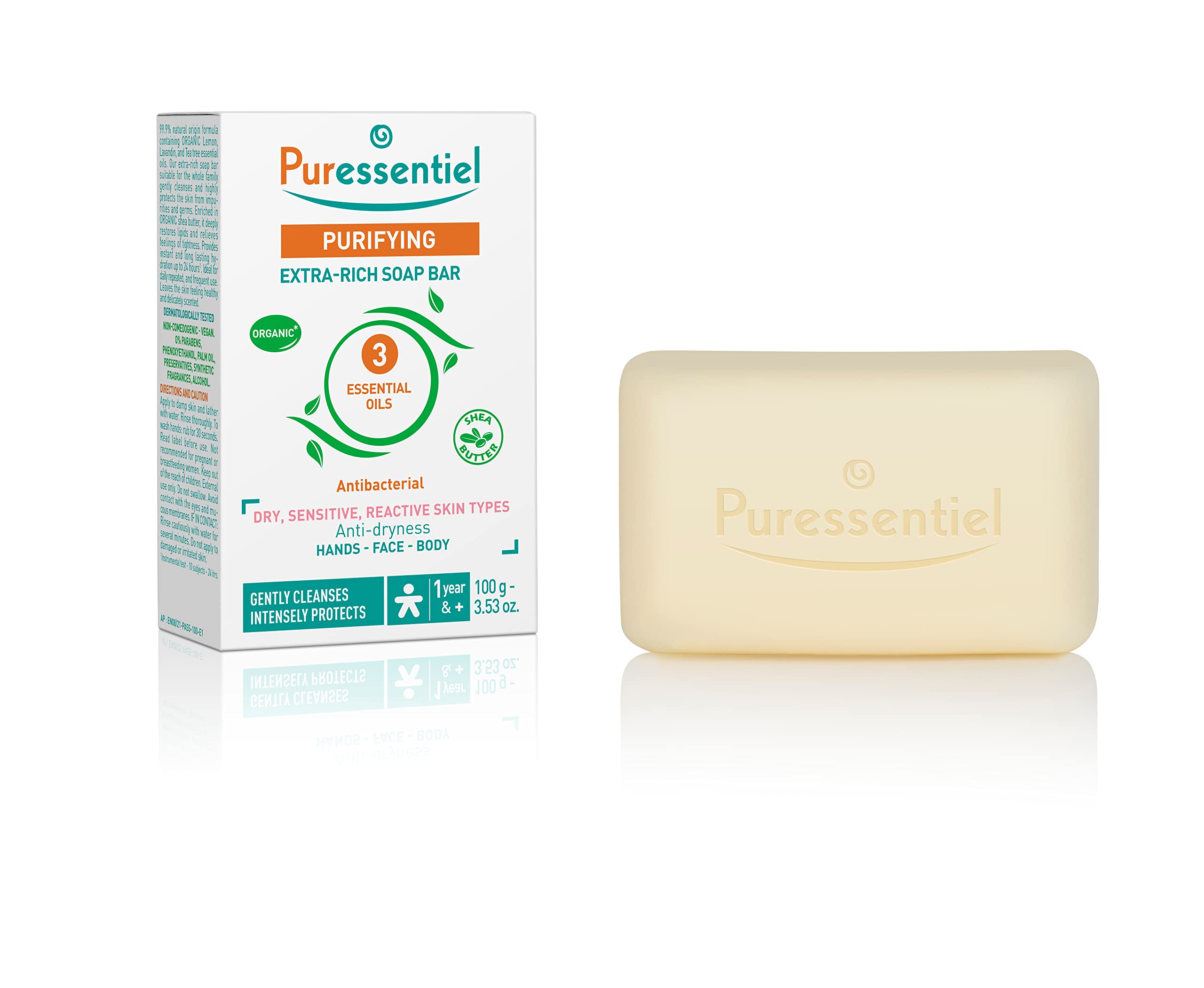 Puressentiel Purifying Extra-Rich Soap Bar 100gr - Face, Hands and Body - Suitable for Dry, Sensitive Skin - Cleanses and Protects - Vegan - 3 Organic Essential Oils