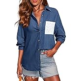 Sidefeel Women's Denim Shirt Button Down Long Sleeve Jean Shirt Shackt with Lace Pocket Denim Top
