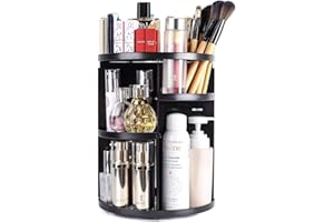 SANIPOE 360 Rotating Makeup Organizer,DIY Adjustable Spinning Holder,Foldable Cosmetic Storage Display Cases,Large Capacity Make up Caddy Shelf,Fits Countertop Vanity and Bathroom,Black