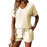 BARASA Women 2 Piece Outfits Sets Summer Casual Waffle Knit Set V Neck Top & Elastic Waist Shorts with Pockets D668
