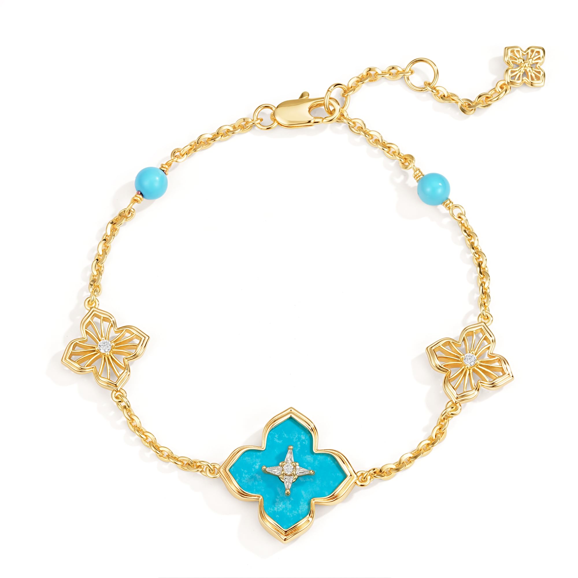 Fettero Gold Bracelets for Women Turquoise Clover Charm Bracelet 14K Gold Plated 2 Sided Four Leaf Flower Dainty Chain Clover Bracelet Jewelry