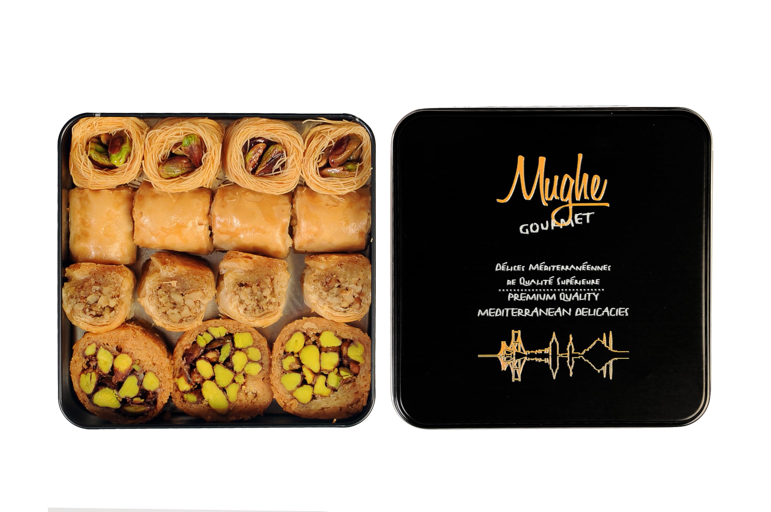 Mughe Gourmet Baklava Assortment Elegant Gift Box - Small Bite-Size Desserts Gifts - 9oz/250g - Perfect for Birthday, Christmas, Eid, Father's Day and More