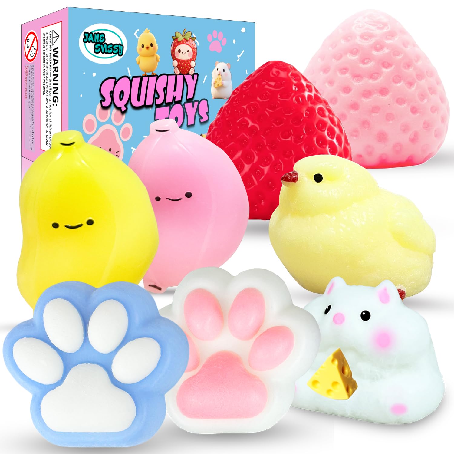 Photo 1 of 8 Pcs Taba Squishies Pack - Squishy Pack Include (2 Strawberry, 2 Cat Paws,2 Banana,1 Hamster,1 Chick),Squishy Fidget Toys Set,Gifts for Kids, Party Favors - Cute Taba Handmade Stress Toys