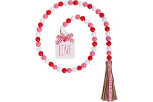 SUMERSHA Valentine's Day Wood Bead Garland with Tassel Tags 41.3 Inch Red Pink White Rustic Wooden Beads Farmhouse Decor Wall Hanging Ornament Tiered Tray Fireplace Valentines Decorations (Red Pink White)