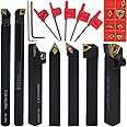 Indexable Lathe Turning Tool, 1/2'' Shank Metal Lathe Tools, 7pcs Metal Lathe Cutting Tools Carbide Turning Tool Insert Holder Set Lathe Boring Bar Set for Turning Grooving Threading with Wrenches