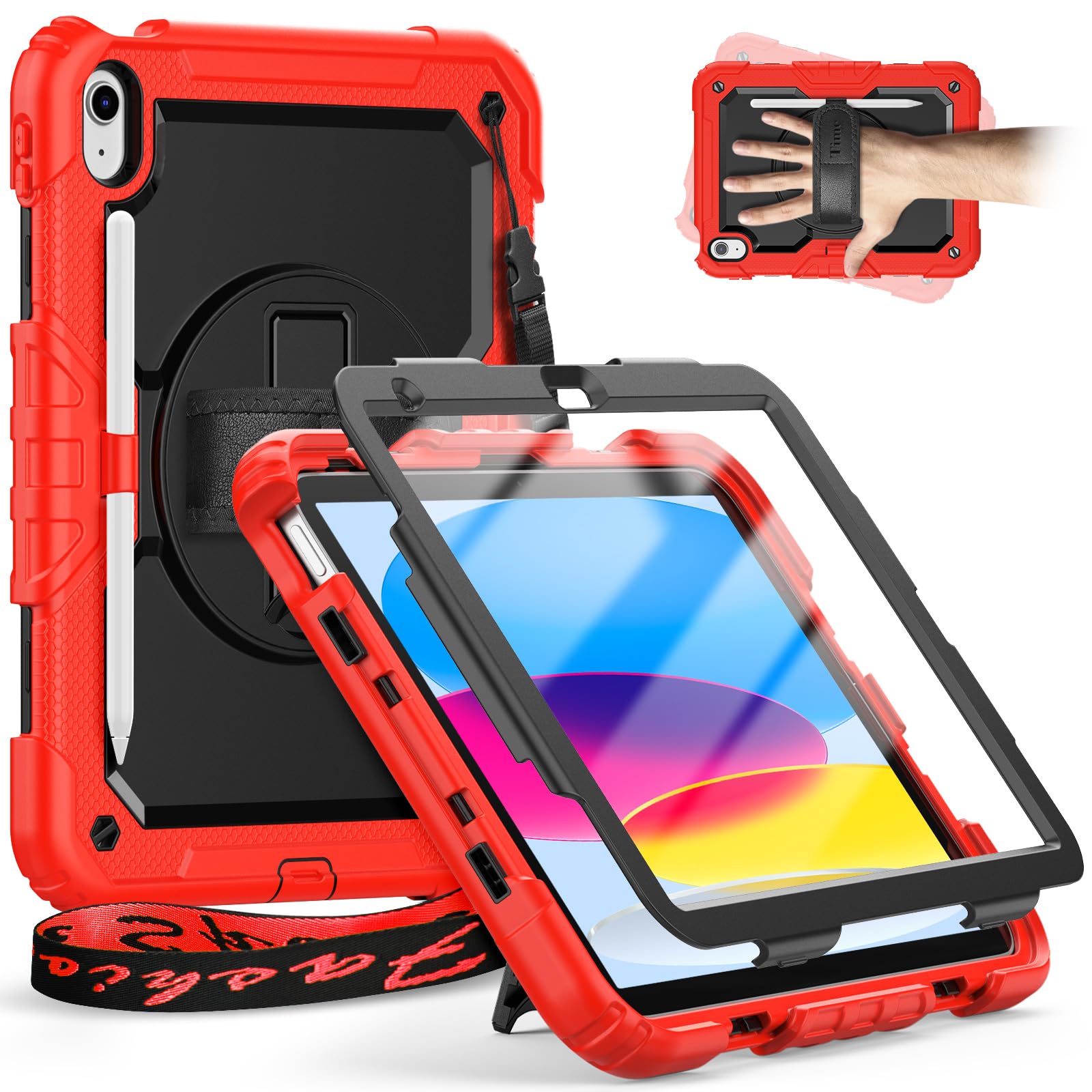 Timecity For iPad (A16)11th Generation Case 11 inch 2025/iPad 10th Generation Case 10.9 inch 2022, Heavy Duty Protective Cover with Screen Protector, Rotating Stand, Shoulder Strap. Red