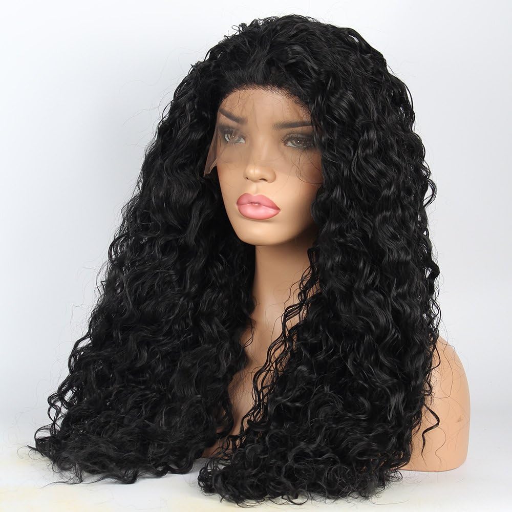 vvBing Glueless Deep Curly Lace Front Wig Swiss Lace Part Handmade Natural Black Color Heat Resistant High Temperature Hair Perruque Party Long Curly Synthetic Lace Wigs For women 24inch