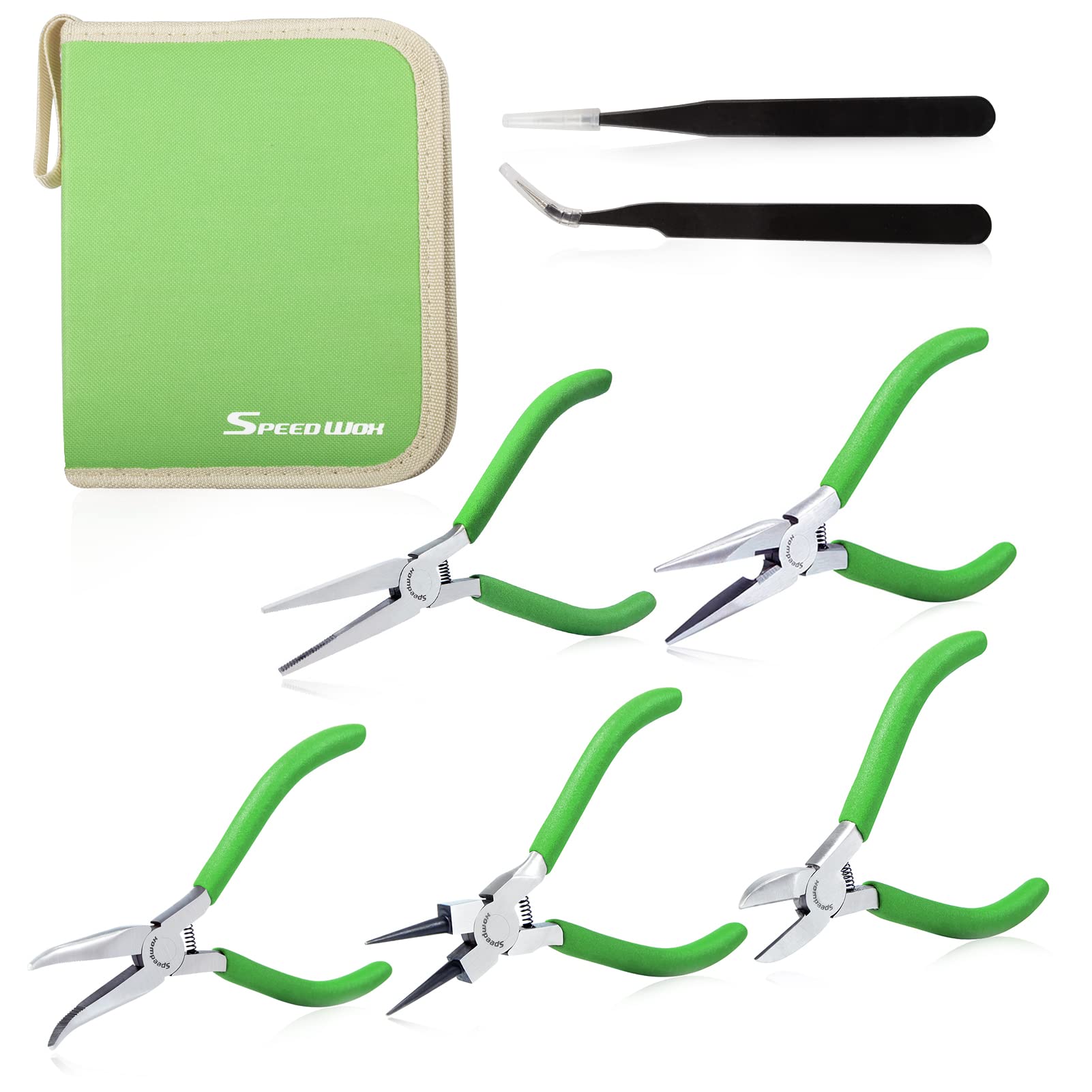SPEEDWOX 5Pcs Mini Pliers Set with Case Include Flat Nose Pliers Round Nose Pliers Bent Nose Pliers Diagonal Pliers Long Nose Pliers with 2 Tweezers for Making Crafts, Repairing Electronic Devices