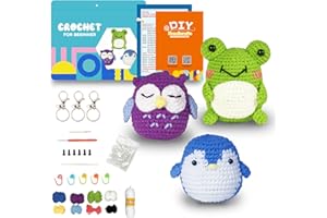 BEEBARYJ 3PCS Crochet Kit for Beginners,Crochet Starter Kit for Adults and Kids DIY Crochet Animal Kit Crocheting Knitting Kit with Step-by-Step Video Tutorials (Penguin+Frog+Owl)