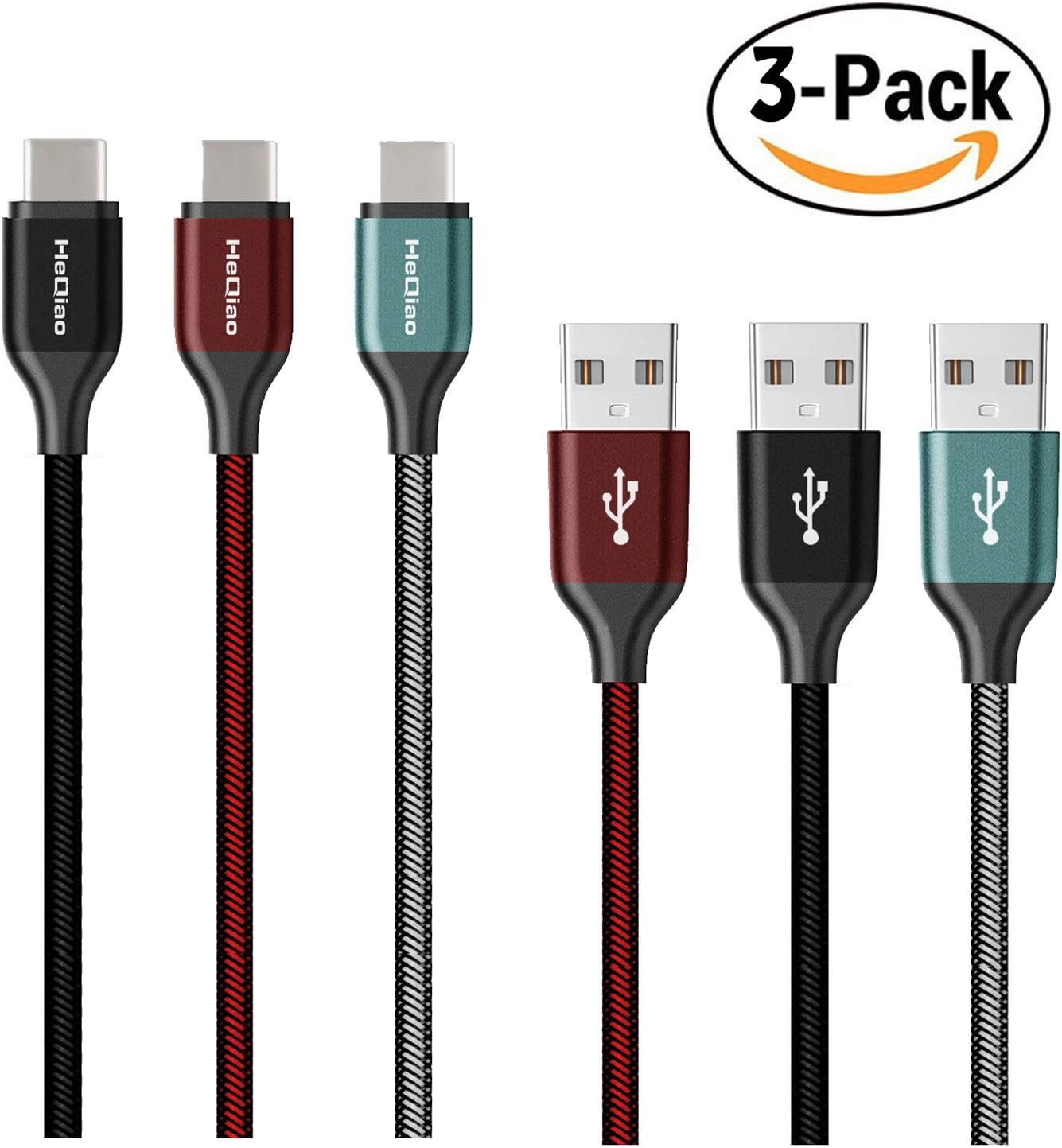 HeQiao [3-Pack 3.3ft] Nylon Braided USB C to A Cable Charge Cord for Google Pixel Nexus 5X, Nexus 6P, Data Transfer Cable for Macbook Pro 2016, Nokia N1 Tablet, OnePlus 2 (Black Red Silver)